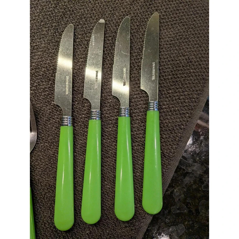 16-Pc Stainless Steel Flatware Set Lime Green Triple-Ring Bolster Handles